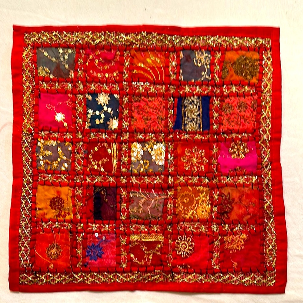 New Gold, fiber and glitter, handmade reds, blues, pinks patchwork pillowcase.